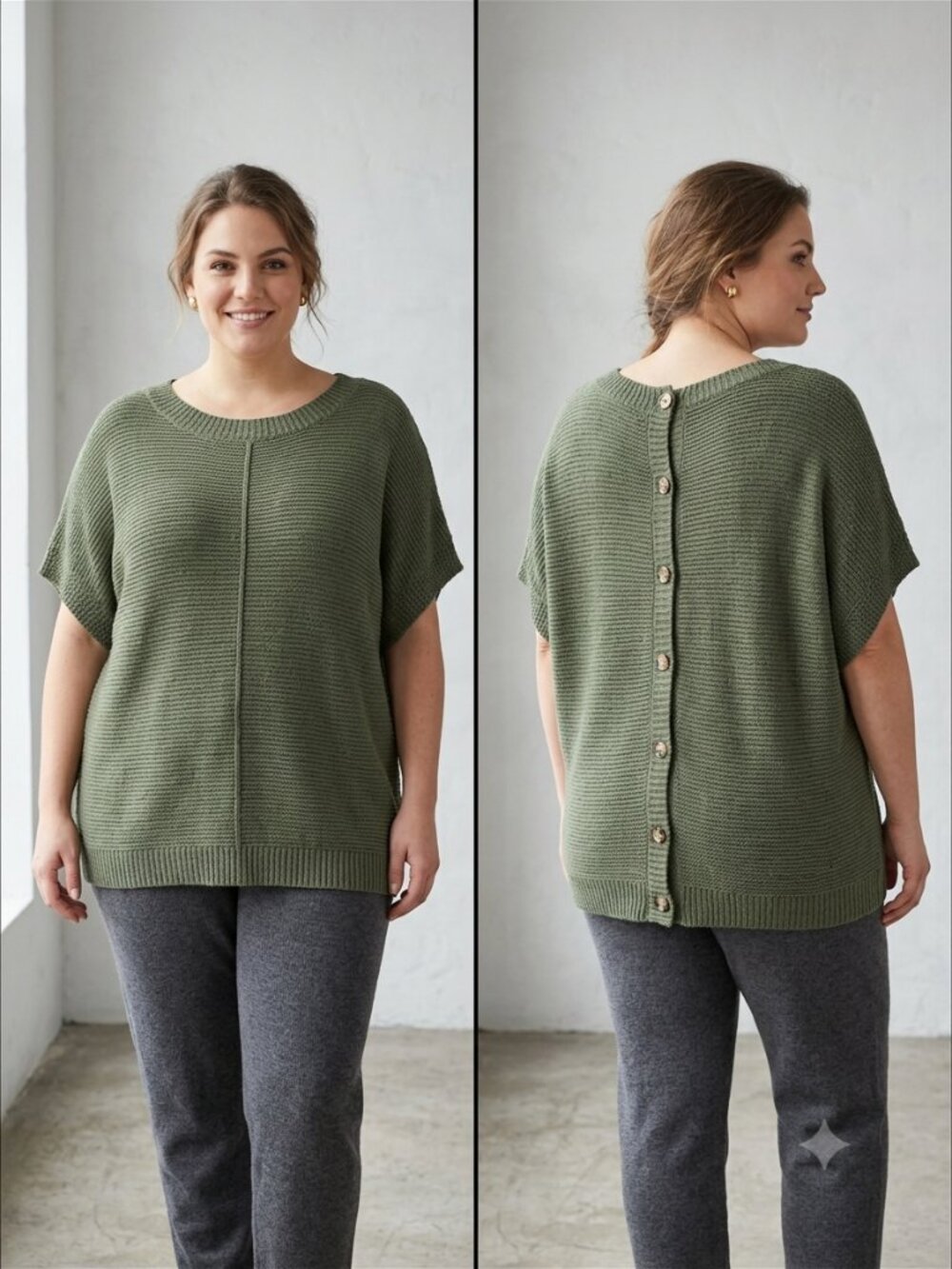 Cable & Gauge NWT Women's 3X Green Loose Knit Button Back Short Sleeve Sweater